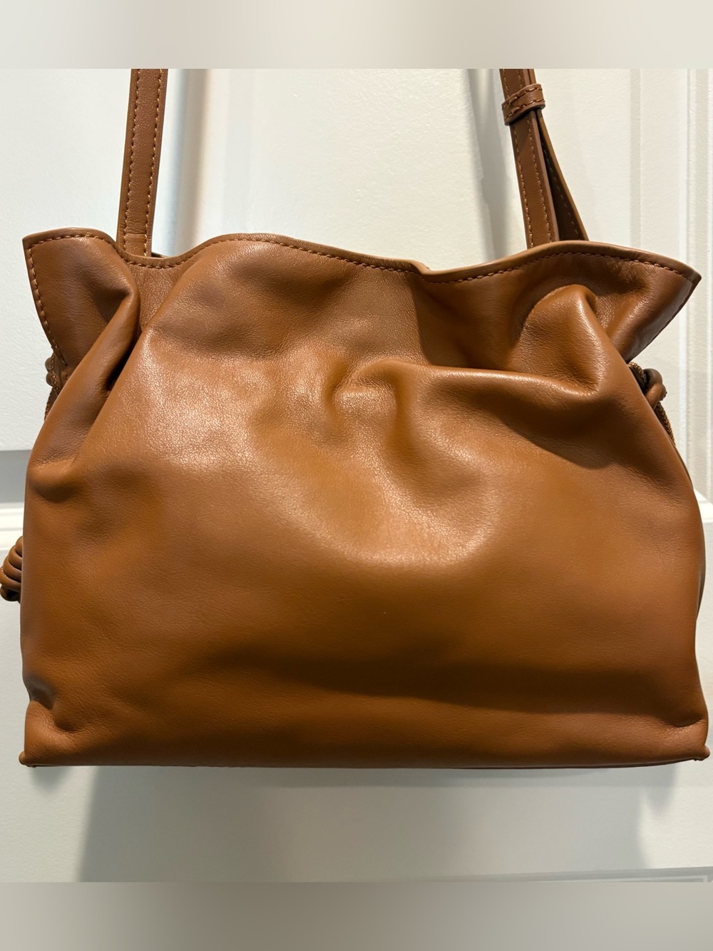 Quince Italian Leather Drawstring Pouch Crossbody in Cognac